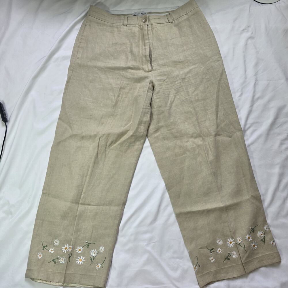 Deane & White Linen Pants Tan Beach novelty Embroidery Cotagecore Pockets Sz 12